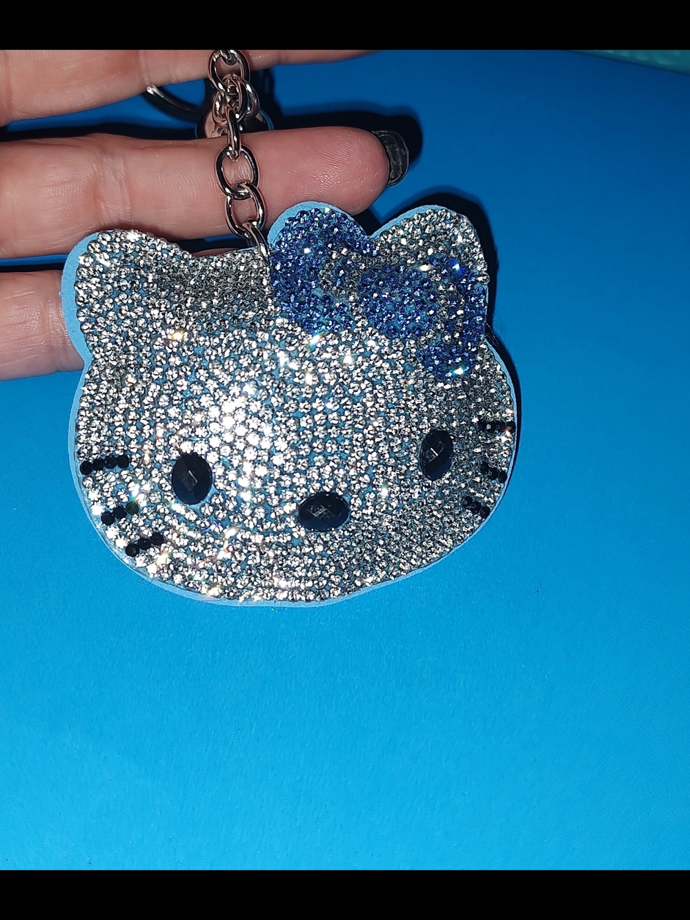 New! Rhinestone Hello Kitty Keychain with Blue Bow - Picture 2 of 5